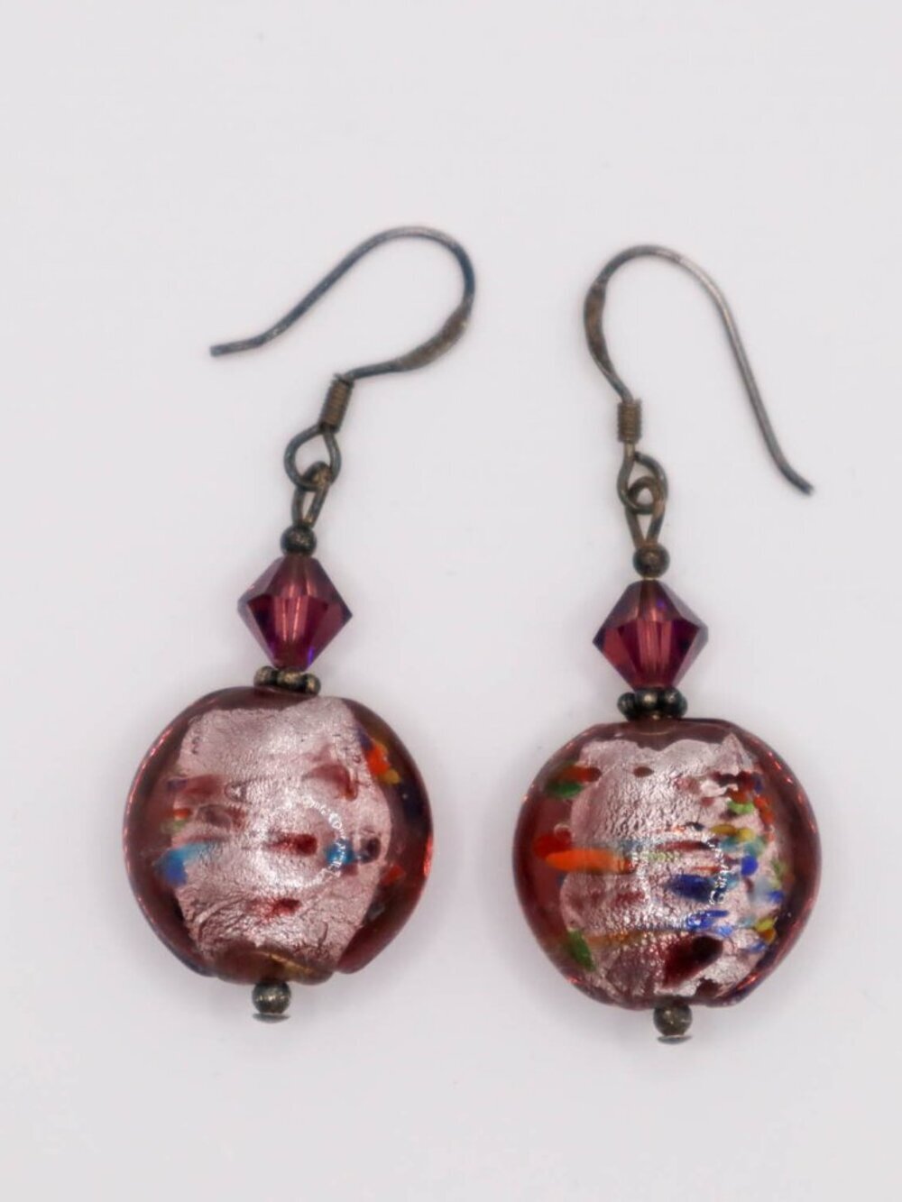Venetian-style Glass Bead Dangle Drop Earrings Metallic Colorful Pierced Ears